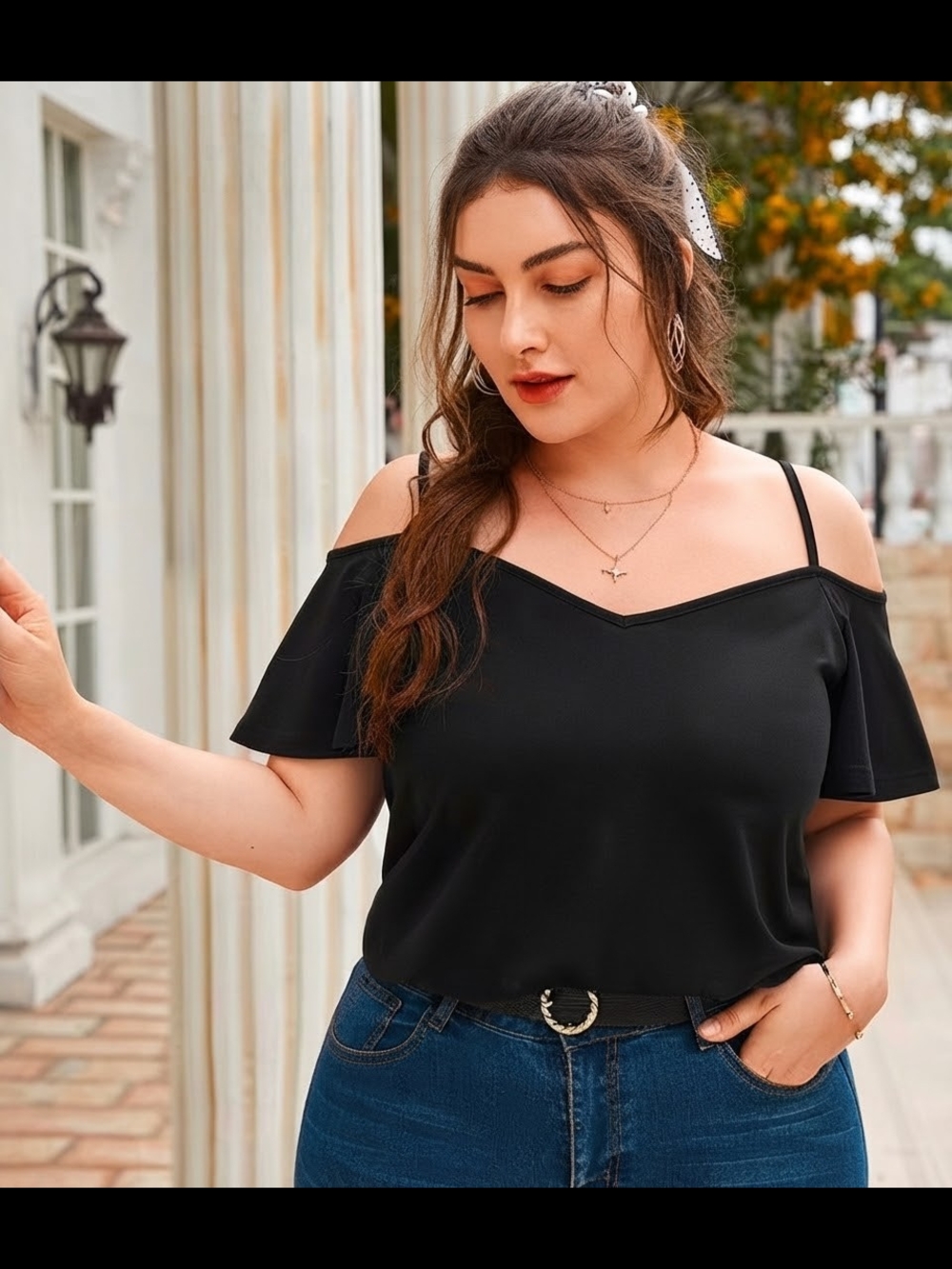 SHEIN Black Cold Shoulder V-Neck Tunic Top